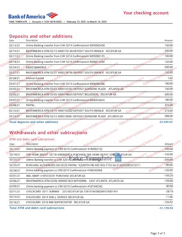 fake bank of america statement template free
