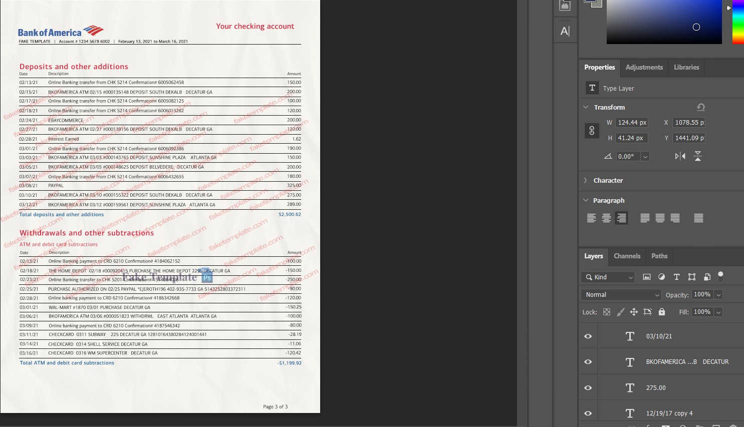 bank of america statement template pdf