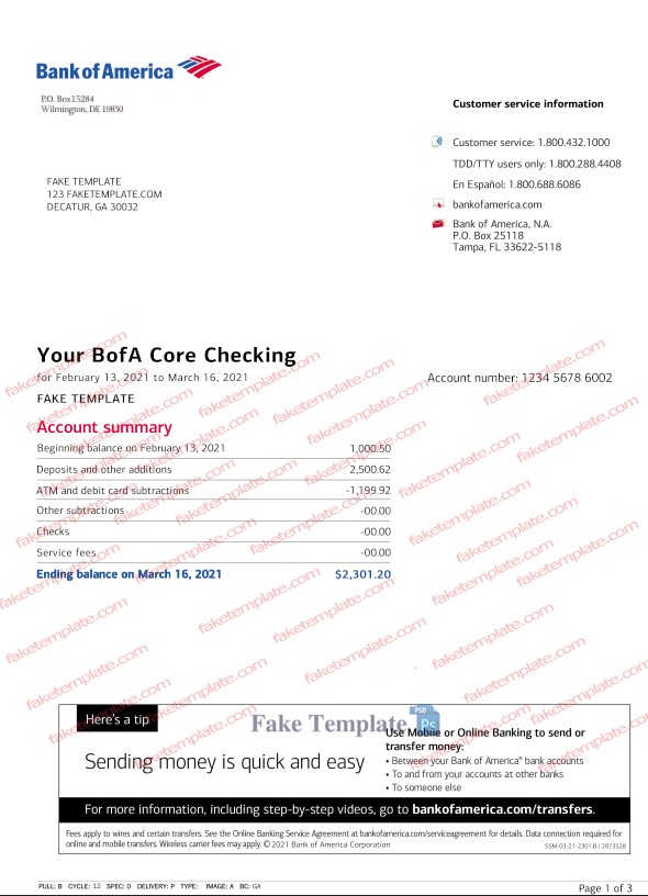 bank of america statement template download