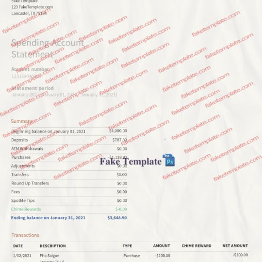 chime bank statement template