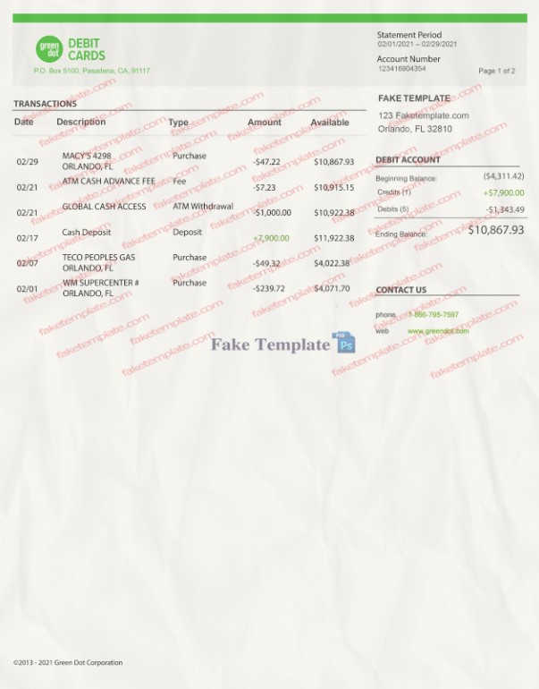fake green dot bank statement