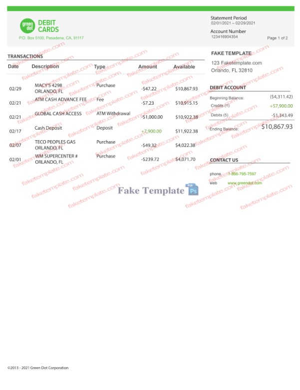 Green Dot Bank Statement Psd green dot bank statement pdf