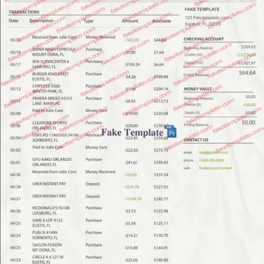 gobank bank statement template
